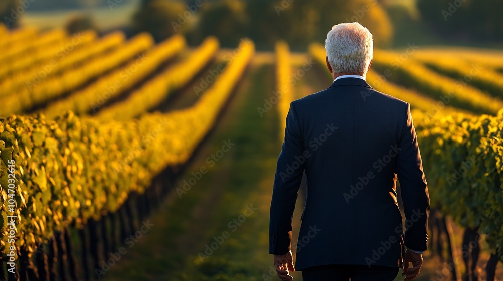 Poster senior executive walking through a vineyard during a luxury wine-tasting retreat enjoying the scenic