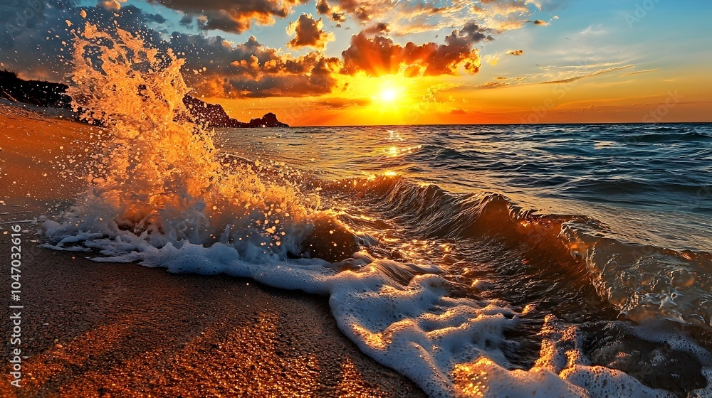 Poster Captivating scene of powerful waves crashing against a scenic beach illuminated by the breathtaking golden glow of the setting sun creating a serene and enchanting atmosphere