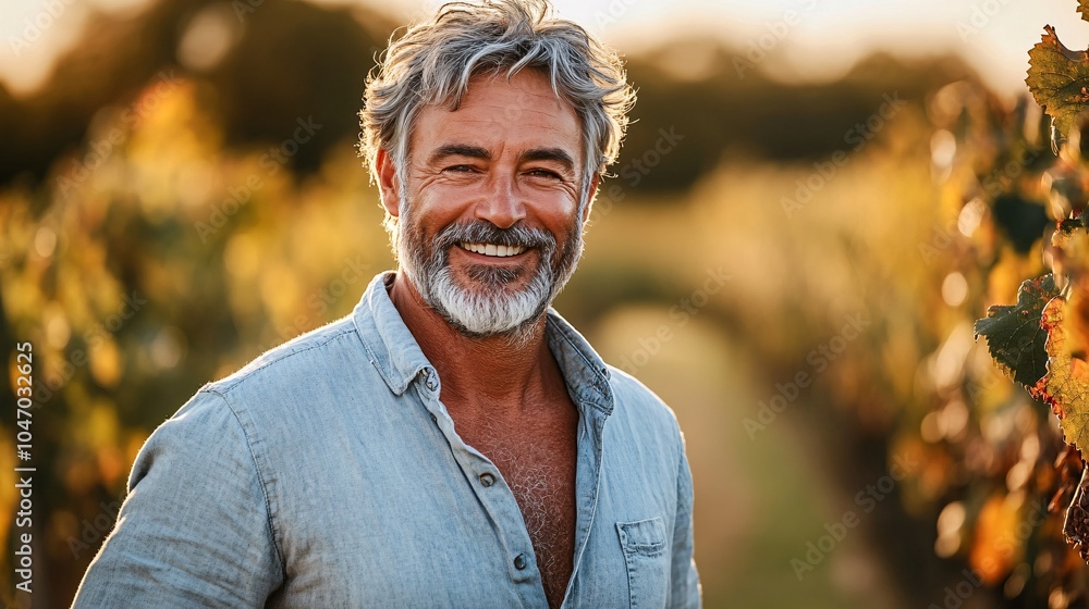 Poster senior executive walking through a vineyard during a luxury wine-tasting retreat enjoying the scenic