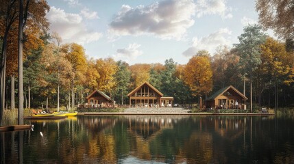 Obraz premium A tranquil lakeside retreat with cozy cabins, canoes, and guests enjoying a peaceful getaway amidst nature.