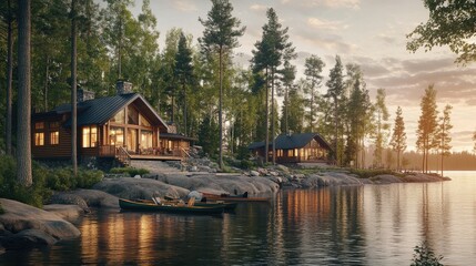 Obraz premium A tranquil lakeside retreat with cozy cabins, canoes, and guests enjoying a peaceful getaway amidst nature.