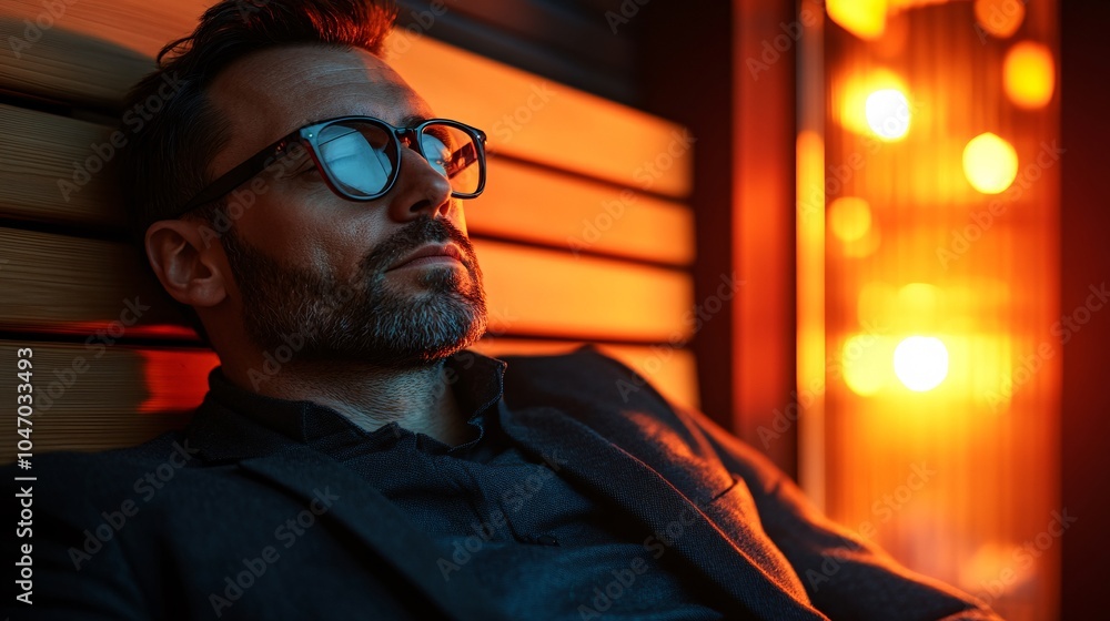 Poster senior executive relaxing in a luxury sauna with soft lighting and a serene atmosphere creating a se