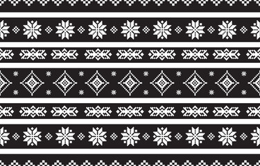 Christmas and New Year pink and white seamless pattern, fairytale pixel pattern in white and green with Nordic snowflakes for winter hats, ugly sweaters, jumpers. wallpaper, paper or other design