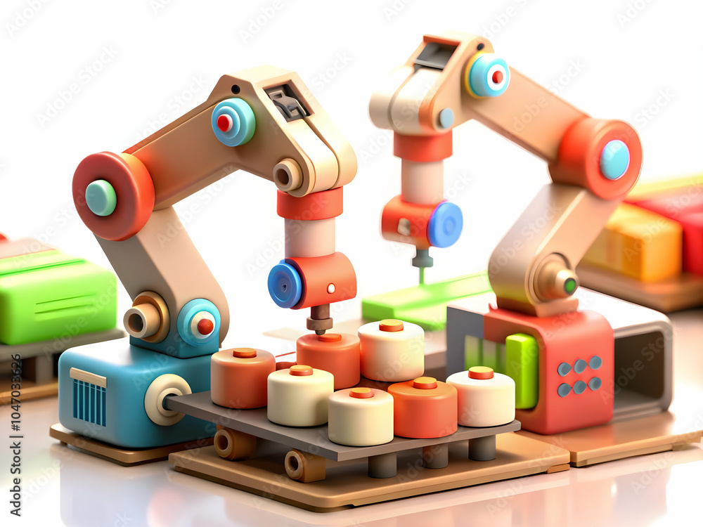 Poster soft abstract illustration robotic arms assembling product bokeh digital elements advanced manufactu