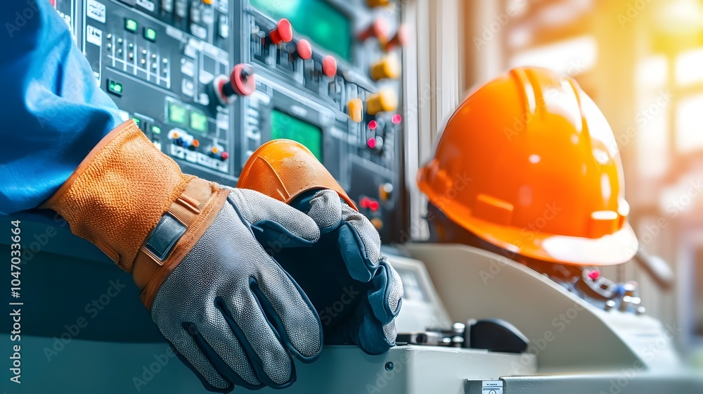 Aufkleber close up image showcasing a pair of work gloves and a hard hat resting on an industrial control pane