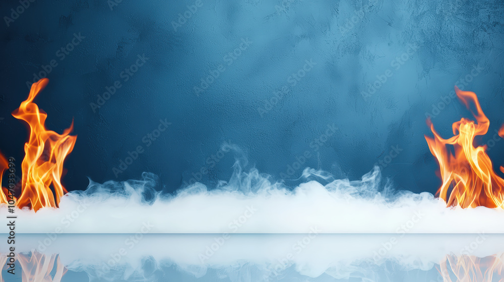 Poster striking abstract image featuring vibrant flames on either side, contrasted against smooth blue back