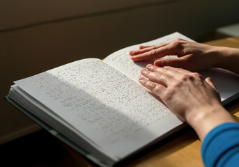 Hands gently exploring the pages of a Braille book in warm sunlight near a wooden table in a cozy indoor setting