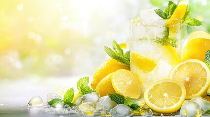 Fototapeta premium Refreshing summer beverage with lemon slices, mint, and ice in a glass, placed against a clean background, perfect for healthy living promotions, with copy space