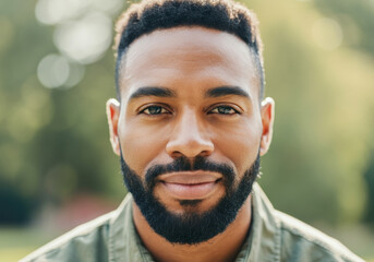 Fototapeta premium Smiling man with a beard enjoying a sunny day in a lush green park, showcasing a warm and inviting expression