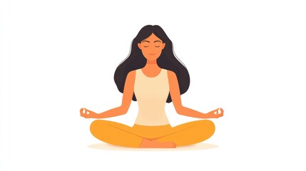 A woman practicing mindfulness meditation, sitting cross-legged with closed eyes, isolated on white background.