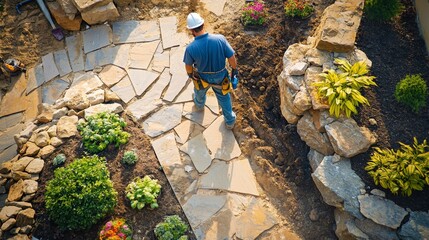 A landscape designer overseeing the installation of hardscaping features like patios or pathways
