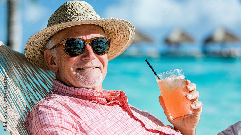 Poster senior executive relaxing in a hammock by the beach sipping a tropical drink while listening to the 