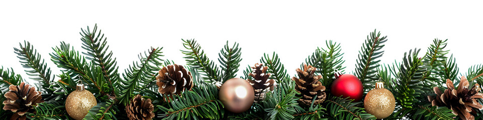 Fototapeta premium Christmas pine leaf branches with cone and balls isolated on white