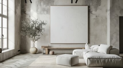A minimalist and peaceful living room design featuring a white canvas backdrop, Minimal furniture thoughtfully placed, Industrial minimalist style
