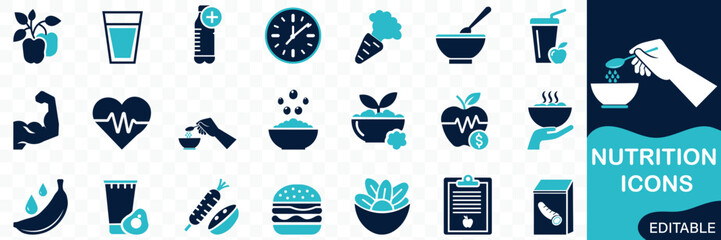 Nutrition icon set. Solid flat vector icons collection 
