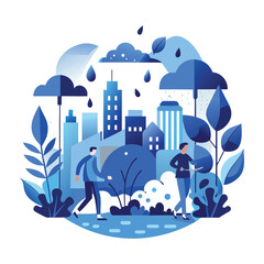 Blue Monday City Skyline with Rain Clouds and Umbrellas in a Somber Stylized Vector Art