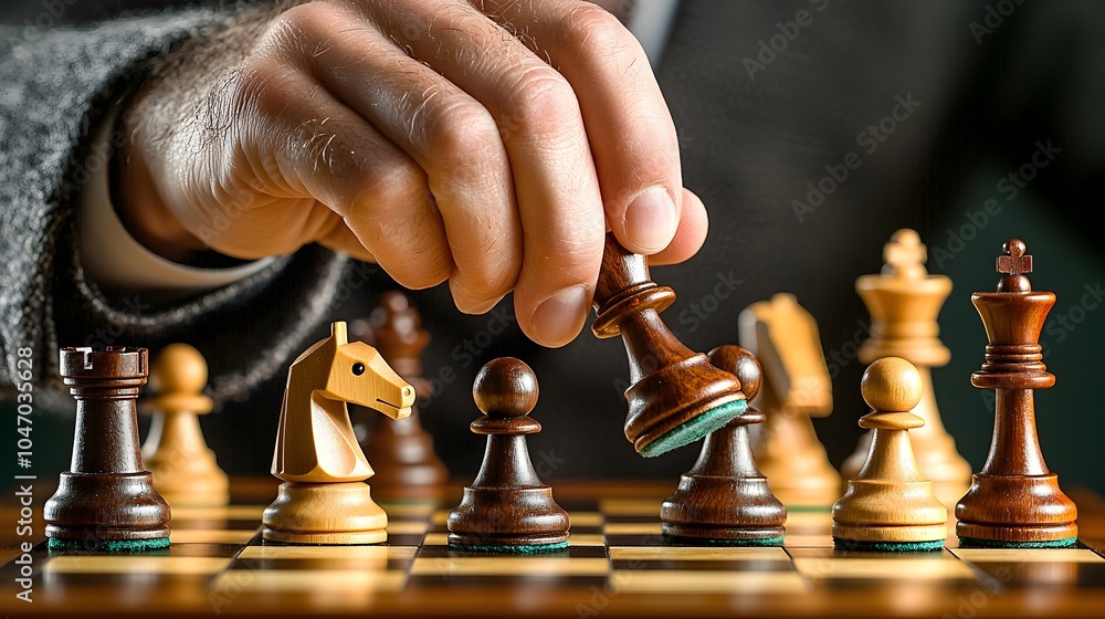 Aufkleber close up view of a hand carefully placing a chess piece on a chessboard during an intense strategic 