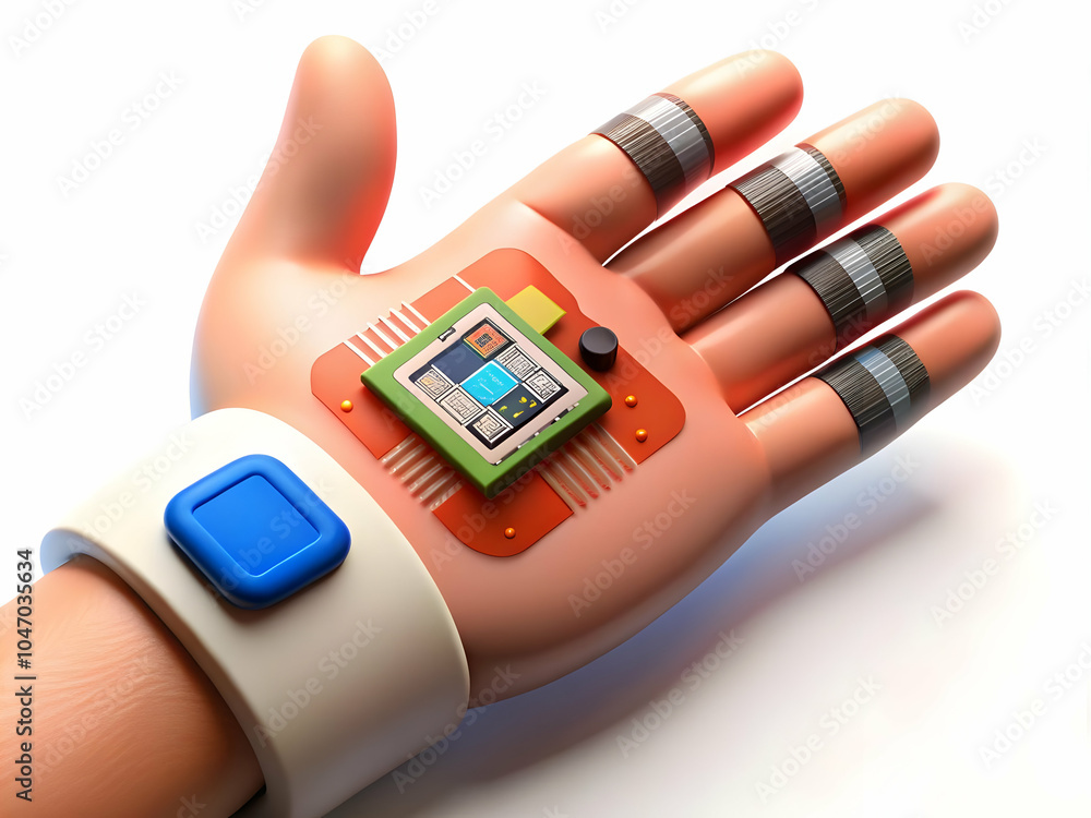 Poster macro image close up person hand microchip implanted under skin advanced technology biohacking repre