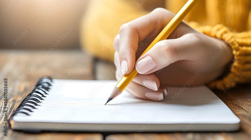 Aufkleber Close up view of a hand sketching and drawing ideas in a blank notebook using a pencil with lines and strokes in progress capturing the creative process