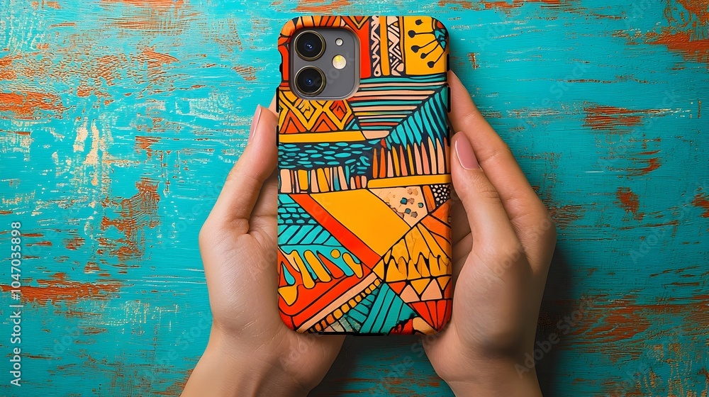 Aufkleber close up view of an phone case showcasing a vibrant patterned design with modern geometric shapes an