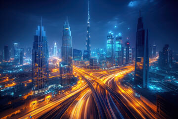 Fototapeta premium Tall buildings and light trails in the dark sky