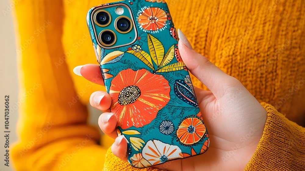 Aufkleber Close up View of Hands Presenting a Vibrant and Uniquely Patterned Phone Case Showcasing a Creative and Captivating Accessory for Modern Smartphone Users
