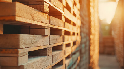 Wooden pallets stacked in warehouse, illuminated by warm sunlight, create serene and organized atmosphere. textures and patterns of wood are highlighted beautifully