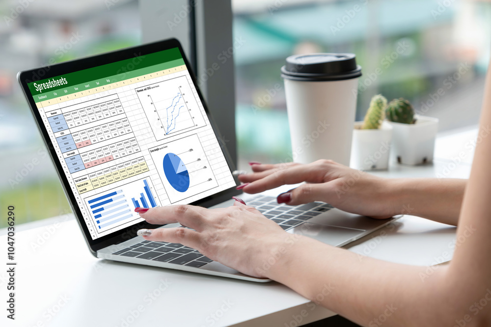 Poster spreadsheet document information financial startup concept. data and graphs in spreadsheet documents