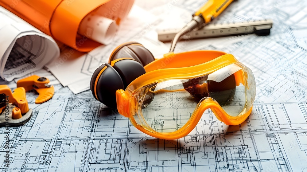 Poster Close up view of safety goggles and ear defenders resting on a blueprint table in an engineering or construction workspace