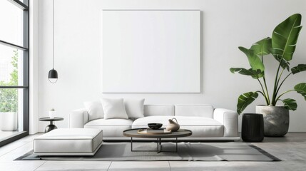 A minimalist and serene living room design accentuated by a white canvas backdrop, Simple yet stylish minimalist furniture, Zen-inspired style