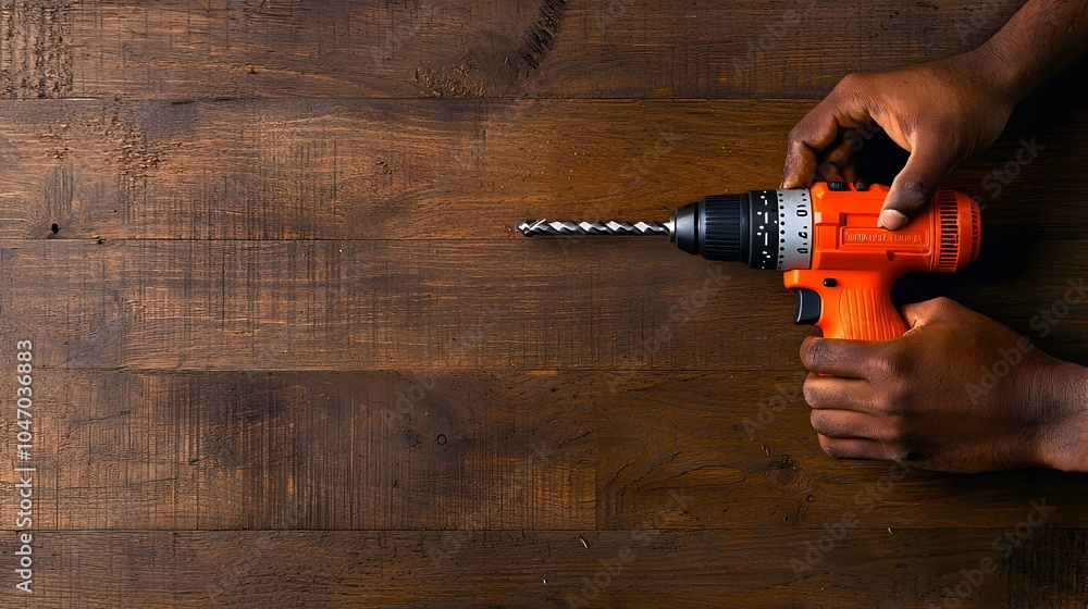 Poster close up view of skilled human hands firmly grasping and operating a power drill on a wooden surface