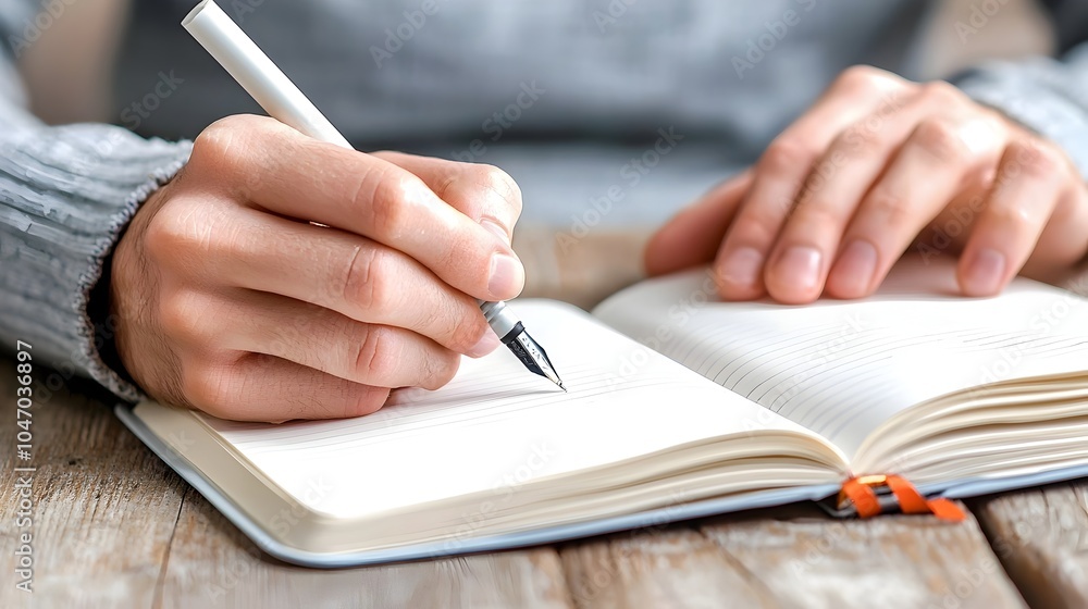 Aufkleber closeup of hands holding a notebook and pen capturing notes ideas and thoughts for business educatio