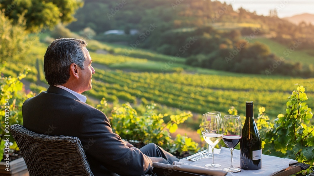 Aufkleber senior executive sipping on fine wine while sitting on a private balcony overlooking a vineyard duri