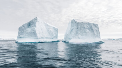 Majestic icebergs rise from calm waters, showcasing their stunning shapes against cloudy sky. This serene summer scene captures beauty of natures icy formations