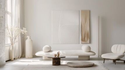 A minimalist and serene living room design accentuated by a white canvas backdrop, Simple yet stylish minimalist furniture, Zen-inspired style