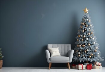 A cozy living room with a gray armchair, a decorated Christmas tree, and wrapped gifts on the floor.