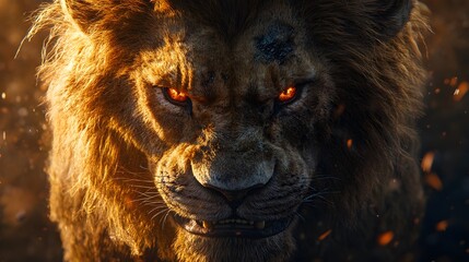 Naklejka premium Close Up Portrait of a Majestic Lion with Fiery Eyes and a Powerful Presence - Wildlife Photography - Wild Animal - Nature - Predator - King of the Jungle - Safari - Africa - Lion's Mane - Animal