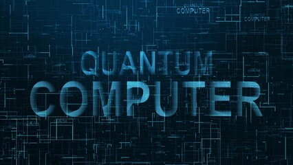 Quantum computer text technology data line blue color