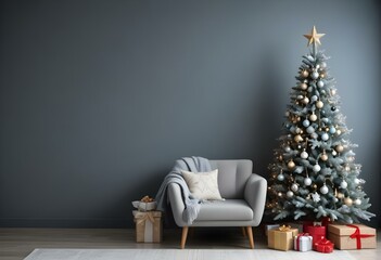 A cozy living room with a gray armchair, a decorated Christmas tree, and wrapped gifts on the floor.