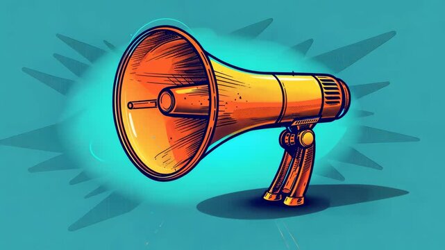 A vintage-style megaphone with a bright orange horn sits on a blue background with white stylized rays emanating from it