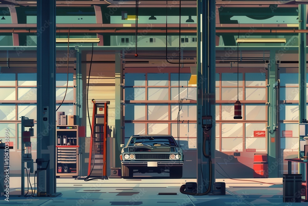 Aufkleber a mechanic is focused on repairs while working beneath a car raised on a hoist, surrounded by tools 