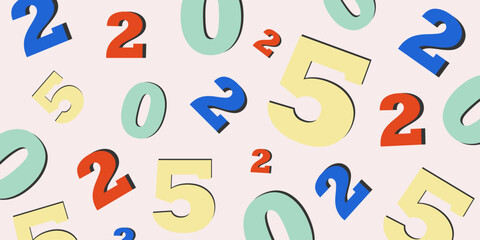 2025 horizontal banner with scattered numbers of different size. Trendy winter holiday design template with funny grouped numbers.