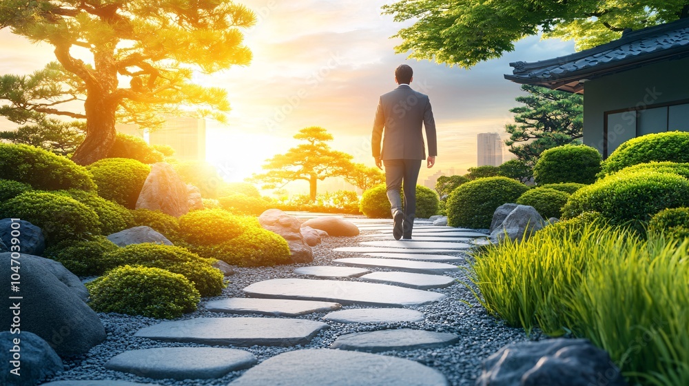 Poster senior executive walking through a tranquil japanese garden with traditional architecture creating a