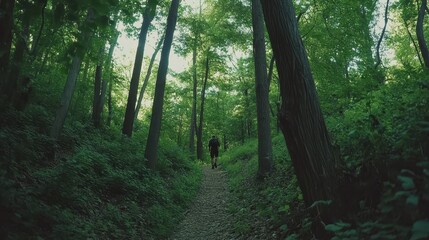 Obraz premium A hiker trekking up a wooded trail, enveloped by towering trees and vibrant green foliage.