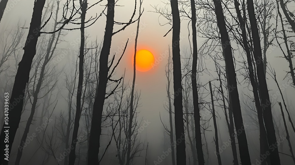 Poster dramatic and ethereal landscape scenery with the fiery sun emerging as a bright orange disk through 