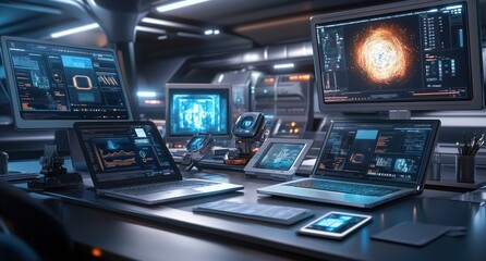 Obraz premium Futuristic Collaborative Workspace including Innovative AI Driven Laptops and Holographic Displays that Create Stunning Art and Designs in Real Time by themselves