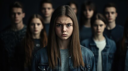 Fototapeta premium A young teenager girl with brown long hair stands in front of a group of people. She is looking at the camera and a serious expression