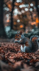 Obraz premium Squirrel eating nut in autumn forest with bokeh background