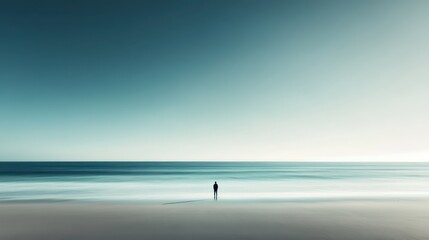 A lone figure standing on a quiet beach, contemplating the vast, open sea in front of them.