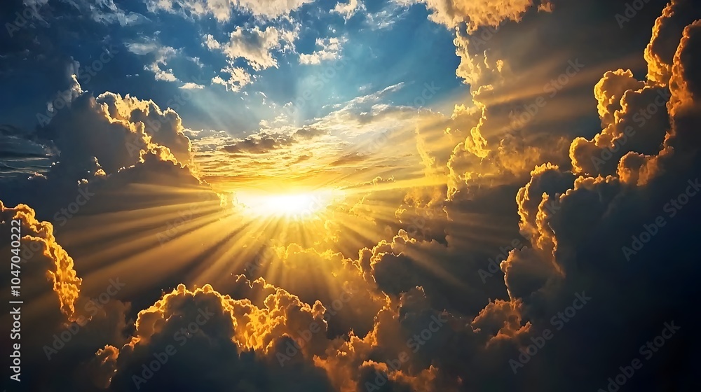 Poster Dramatic sunrays dramatically piercing through storm clouds creating a captivating and celestial landscape with a moody ethereal atmosphere
